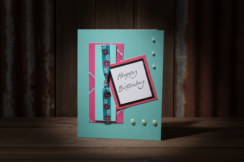 Handmade Birthday Card – Pink & Teal with Floral Ribbon – Pink Paper Studio