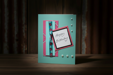 Handmade Birthday Card – Pink & Teal with Floral Ribbon – Pink Paper Studio