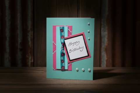 Handmade Birthday Card – Pink & Teal with Floral Ribbon – Pink Paper Studio