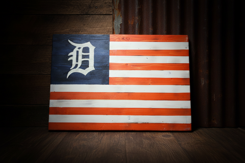 Wooden flag with American design and 'D' logo on a wooden background