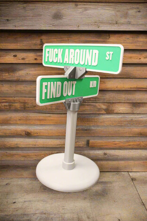 10-Inch Tall Miniature Intersection Sign: "Fuck Around St" and "Find Out Blvd" - Green and White with Gray Post Base