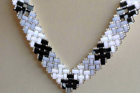 10" Herringbone Beaded Black/White  Necklace by Outrageously Millie