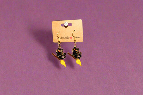 Black Cat on Broomstick Dangle Earrings – Handmade Halloween Jewelry