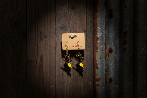 Black Cat on Broomstick Dangle Earrings – Handmade Halloween Jewelry