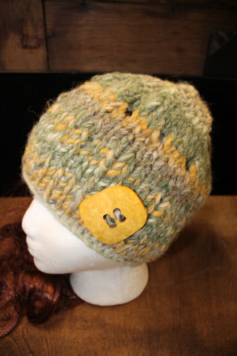 Pictachio and Gold Knit Hat W/Square Wood Button