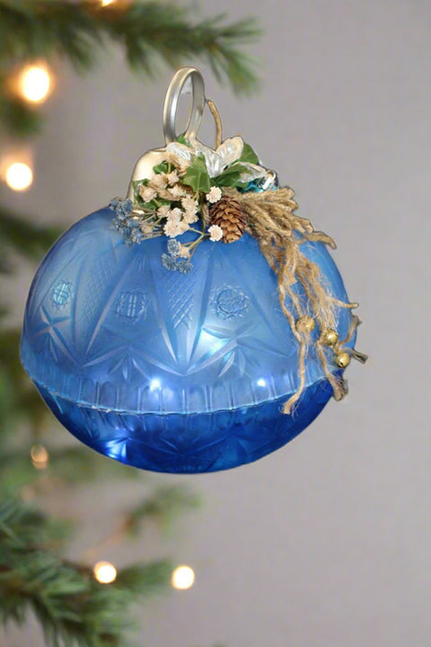 Blue Lit Ornament with Floral Accent – Handmade Holiday Décor