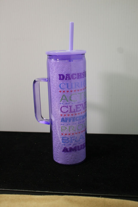 "Purple Insulated Glass Tumbler with Dachshund-Themed Typography Design, Hand