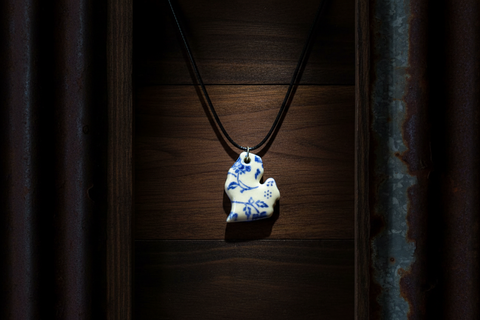 Blue Floral Michigan-Shaped Ceramic Pendant on Black Cord Necklace