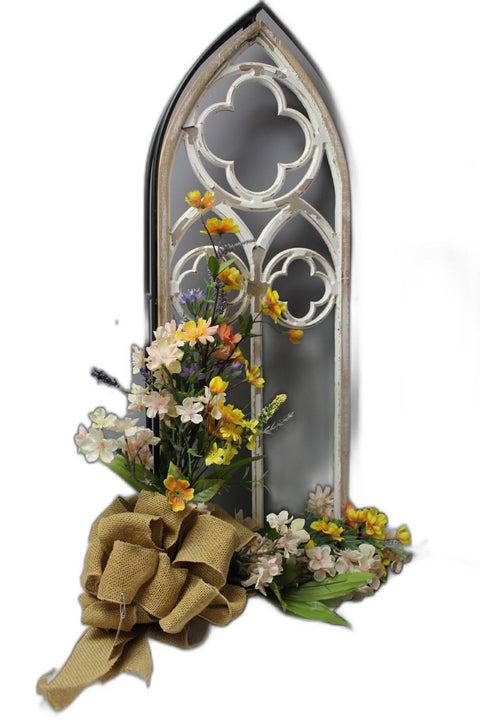 Cathedral-Style Wooden Floral Frame with Burlap Bow