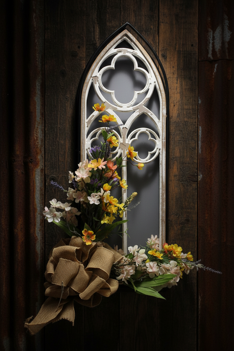 Cathedral-Style Wooden Floral Frame with Burlap Bow