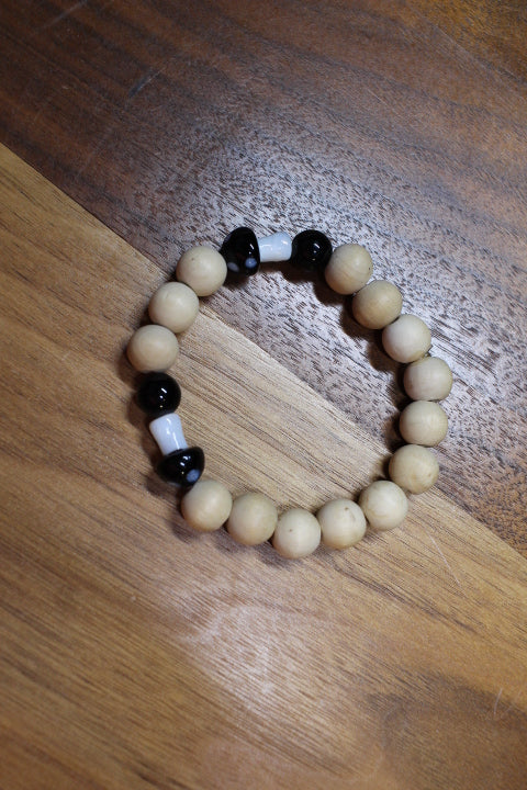 Black Mushrooms w/Tan Wood Beads Bracelet By Theiss Tye Dye Studio