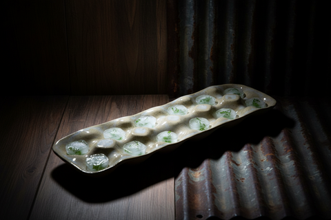 Glossy Beige Ceramic Egg Tray with Speckled Finish