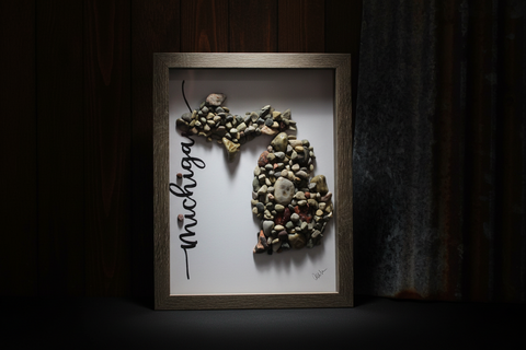 Stone and Pebble Michigan Shadow Box Art by Art By Amy 10 Inch