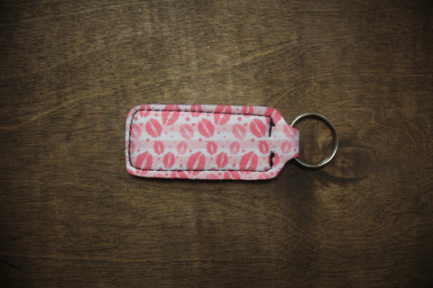 Pink Fabric Chapstick Keychain with Lip Print Pattern and Silver Keyring