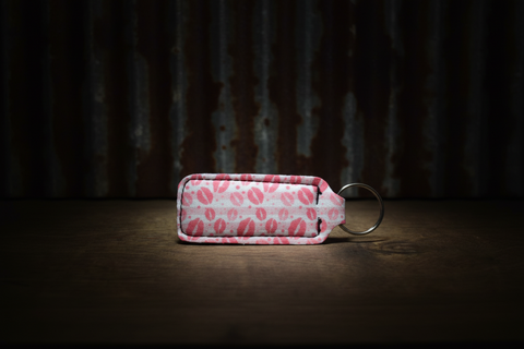 Pink Fabric Chapstick Keychain with Lip Print Pattern and Silver Keyring