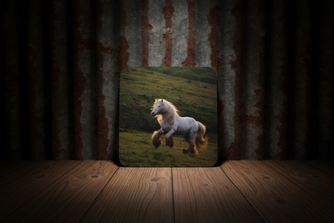 White Horse Galloping in Sunset Field Cork-Backed Coaster