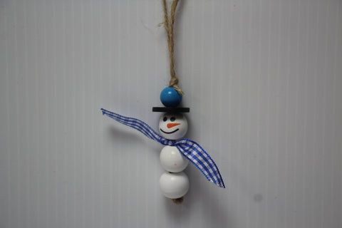 Wooden Snowman Ornament with Blue and White Gingham Scarf and Black Hat