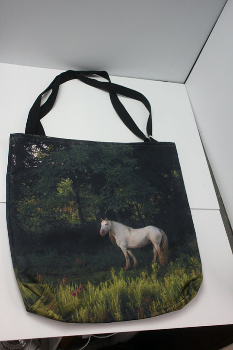 White Horse in Forest Scene Tote Bag – Bold Nature Design – By Genna Card