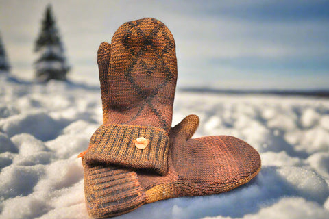 Rustic Brown Wool Mittens with Diamond Pattern and Wooden Button Accent