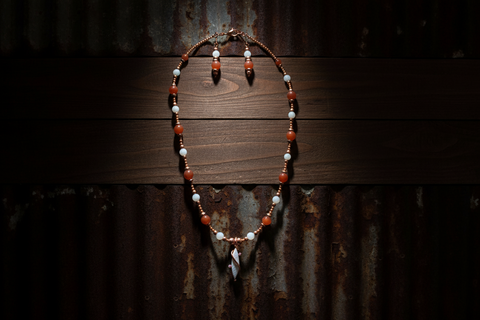 Opal Pendant w/ Opalite & Amber Bead Necklace & Earrings by Outrageously Millie