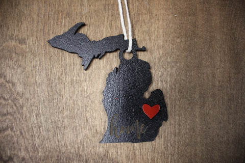 Laser-Cut State of Michigan Black Ornament with Heart