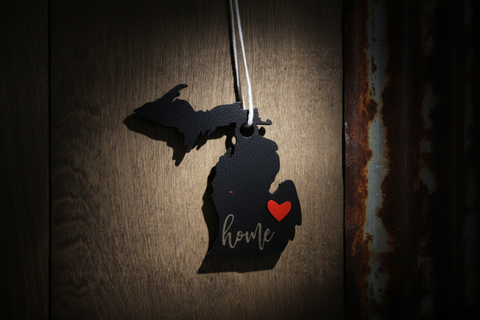 Laser-Cut State of Michigan Black Ornament with Heart