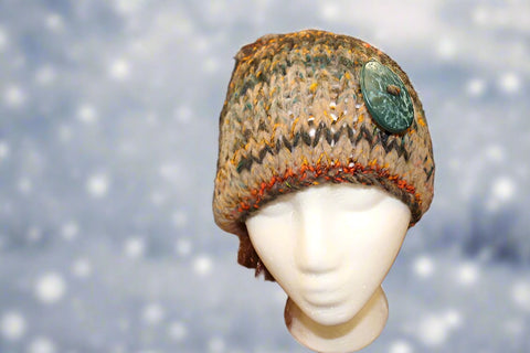 Fall Colored Striped Knit Hat with Large Round Teal Button