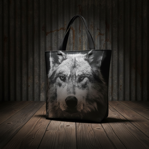 Black and White Wolf Portrait Tote Bag – Bold Wildlife Design - By Genna Card