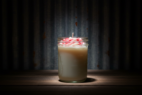 Handmade Soy Wax Candle in Mason Jar with Red and White Rose Design