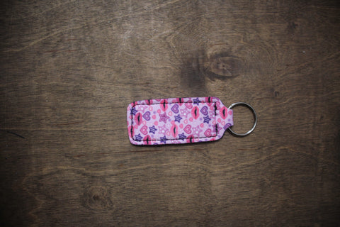 Pink Fabric Chapstick  Keychain with Purple and Red Heart and Star Pattern