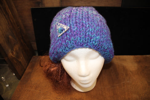 Blue and Purple Knit Hat with Blue Ceramic Triangle Button