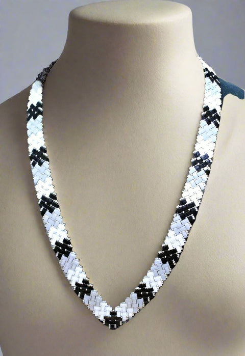 10" Herringbone Beaded Black/White  Necklace by Outrageously Millie