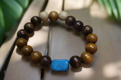 Turquoise Rectangle Bead with Brown Wood Bead Bracelet By Theiss