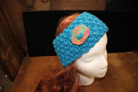 Solid Blue Knitted Headband with Clay Multi-Colored Button