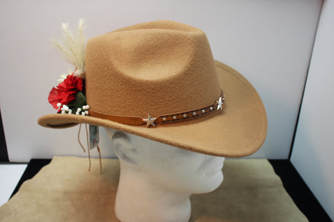 Tan Felt Cowboy Hat with Star-Studded Leather Band and Red & White Floral Side D