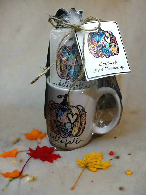 Hello Fall Coffee Mug and 3 x 3 Wood Sign Gift Set by The Ravaged Barn