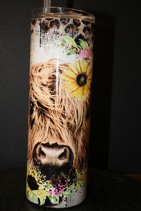 Highland Cow with Sunflowers Tumbler by Blue Petal Gfts