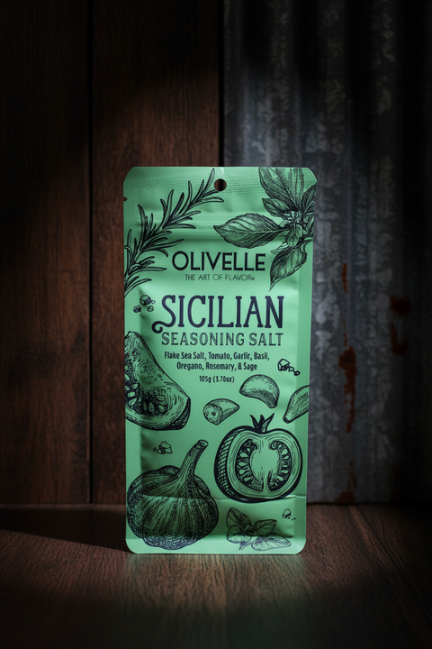 Olivelle Sicilian Seasoning Salt packaging on a wooden surface with a dark background