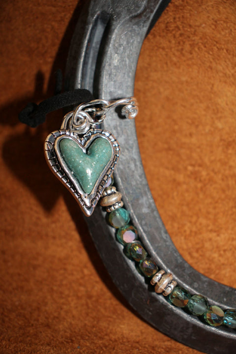 Live Lucky Decorative Horseshoe with Emerald Glass Beads and Green Heart Charm