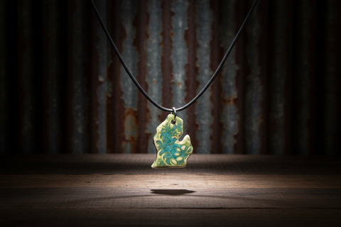 Green Floral Michigan Pendant Necklace with Black Cord