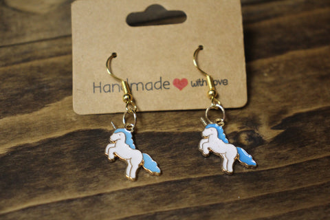 Handmade White and Blue Unicorn Dangle Earrings