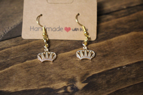 Handmade Gold Crown Charm Dangle Earrings