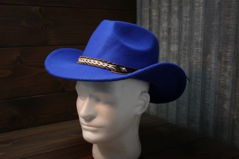 Royal Blue Felt Cowboy Hat with Braided Leather Band and Feather Side Embellishm