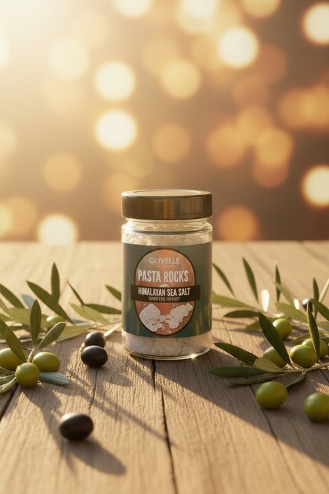 Jar of Olivelle Pasta Rocks Himalayan Sea Salt on a beige background
