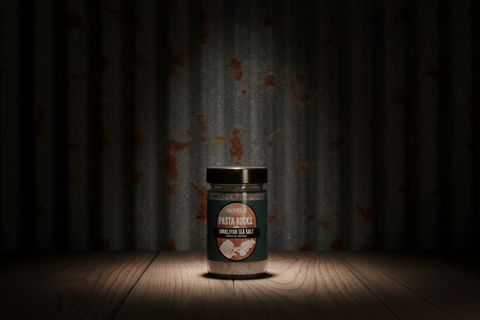 Jar of pasta rocks with a label on a wooden surface and dark curtain background