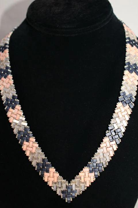 10" Herringbone Beaded  Black/Pink/Gray Necklace by Outrageously Millie