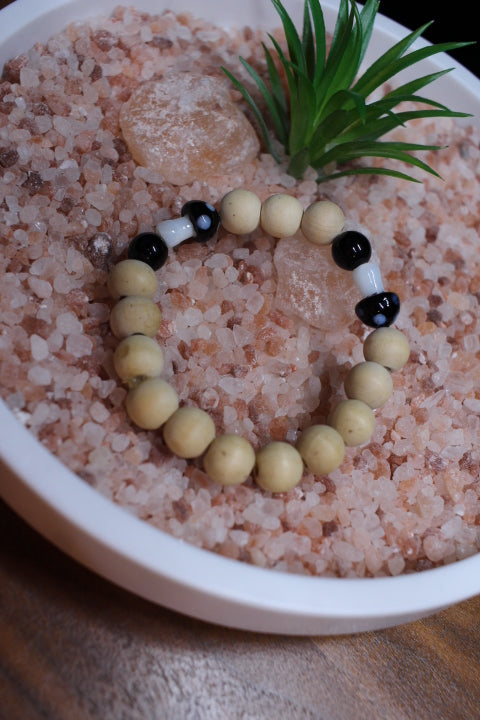 Black Mushrooms w/Tan Wood Beads Bracelet By Theiss Tye Dye Studio