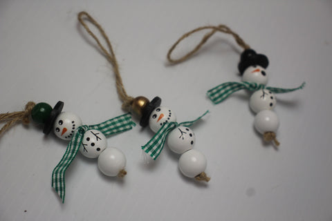 Wooden Snowman Ornament with Green and White Gingham Scarf and Black Hat