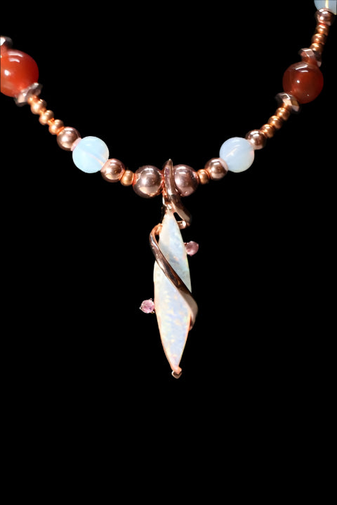 Opal Pendant w/ Opalite & Amber Bead Necklace & Earrings by Outrageously Millie