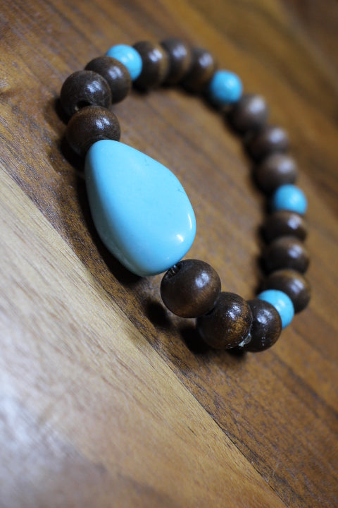 Turquoise Chunk Bead w/Turquoise round & Brown Wood bead Bracelet by Theiss